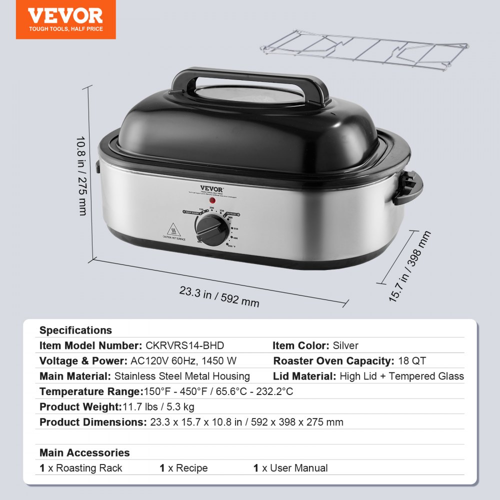 Horno asador eléctrico VEVOR de 18 cuartos de galón con tapa autoadhesiva, 1450 W, descongelación y calentamiento, temperatura ajustable, bandeja y rejilla extraíbles, apto para pavos de hasta 22 lb