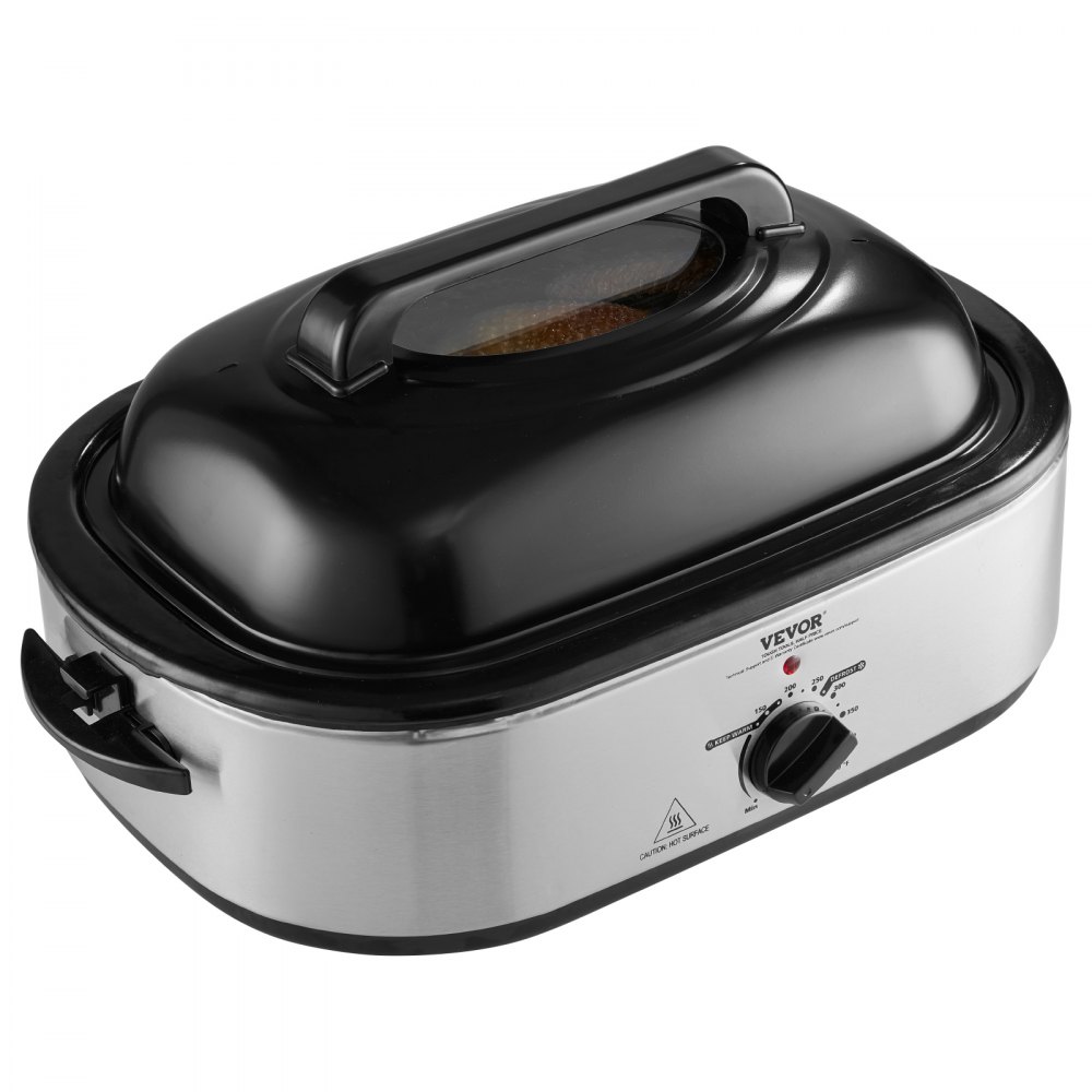 Horno asador eléctrico VEVOR de 18 cuartos de galón con tapa autoadhesiva, 1450 W, descongelación y calentamiento, temperatura ajustable, bandeja y rejilla extraíbles, apto para pavos de hasta 22 lb