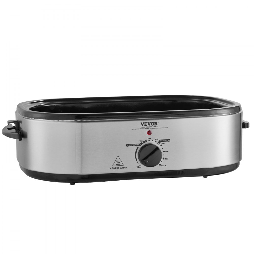 Horno asador eléctrico VEVOR de 18 cuartos de galón con tapa autoadhesiva, 1450 W, descongelación y calentamiento, temperatura ajustable, bandeja y rejilla extraíbles, apto para pavos de hasta 22 lb