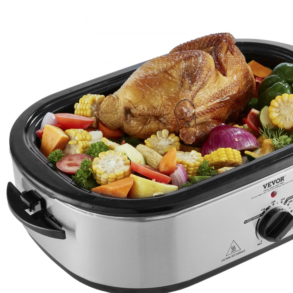 Horno asador eléctrico VEVOR de 18 cuartos de galón con tapa autoadhesiva, 1450 W, descongelación y calentamiento, temperatura ajustable, bandeja y rejilla extraíbles, apto para pavos de hasta 22 lb