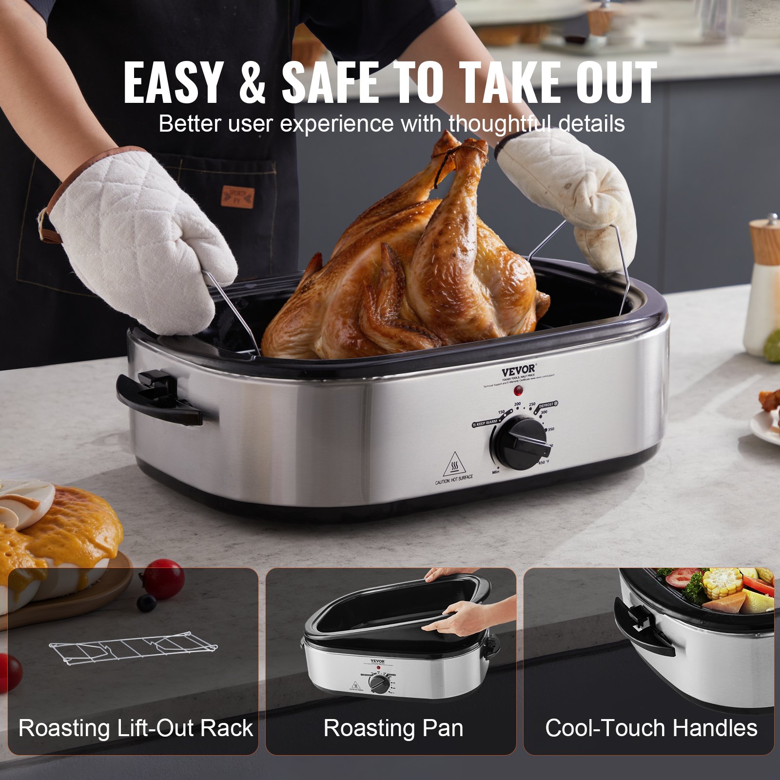 Horno asador eléctrico VEVOR de 18 cuartos de galón con tapa autoadhesiva, 1450 W, descongelación y calentamiento, temperatura ajustable, bandeja y rejilla extraíbles, apto para pavos de hasta 22 lb