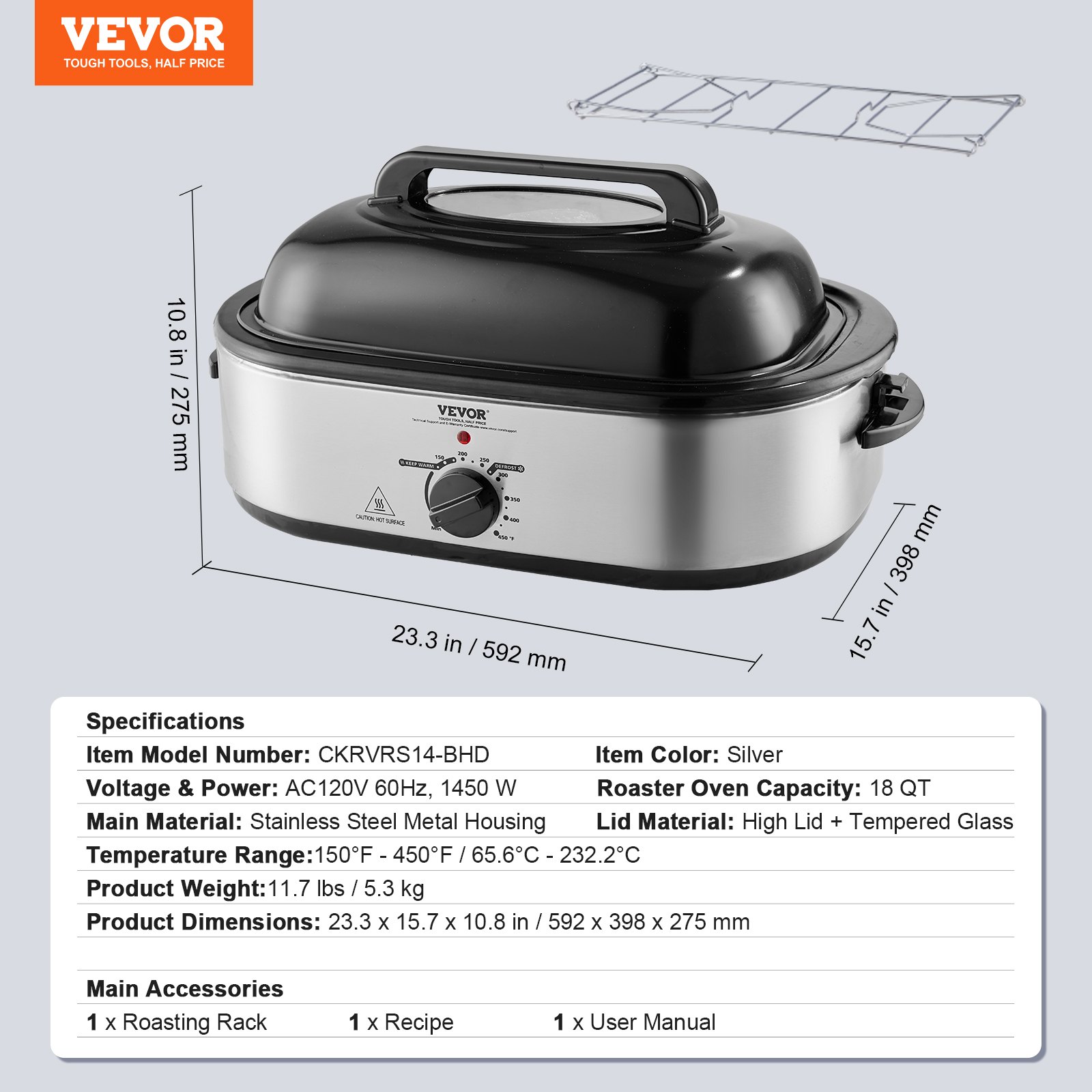 Horno asador eléctrico VEVOR de 18 cuartos de galón con tapa autoadhesiva, 1450 W, descongelación y calentamiento, temperatura ajustable, bandeja y rejilla extraíbles, apto para pavos de hasta 22 lb