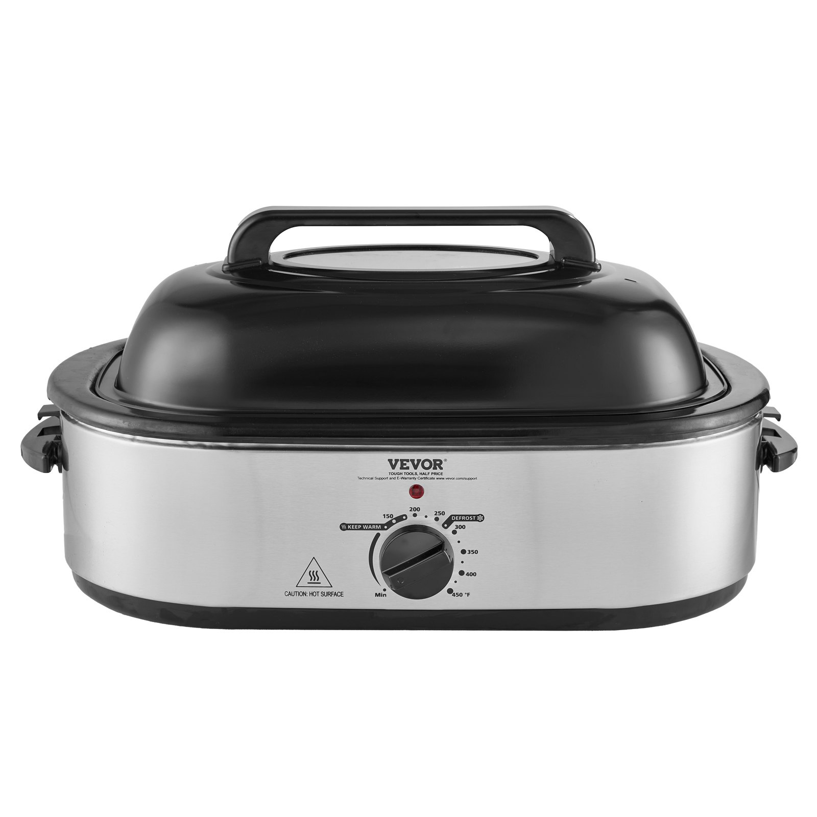 Horno asador eléctrico VEVOR de 18 cuartos de galón con tapa autoadhesiva, 1450 W, descongelación y calentamiento, temperatura ajustable, bandeja y rejilla extraíbles, apto para pavos de hasta 22 lb
