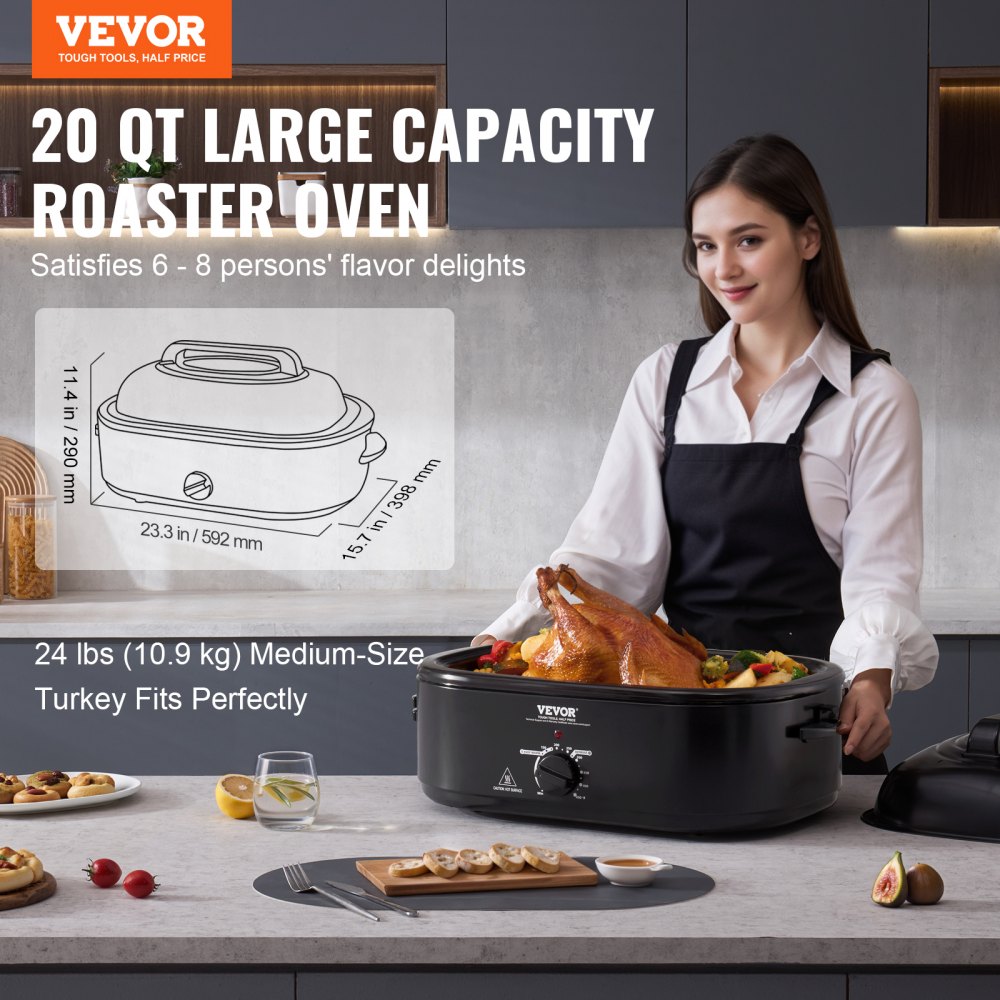 Horno asador eléctrico VEVOR, capacidad de 20 qt, para cocinar pavo, se adapta a 6-8 porciones, capacidad para pavo de 24 lb.