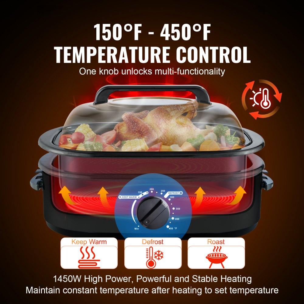 Horno tostador eléctrico VEVOR que muestra control de temperatura, funciones de calentamiento e ilustración de alimentos cocinados.