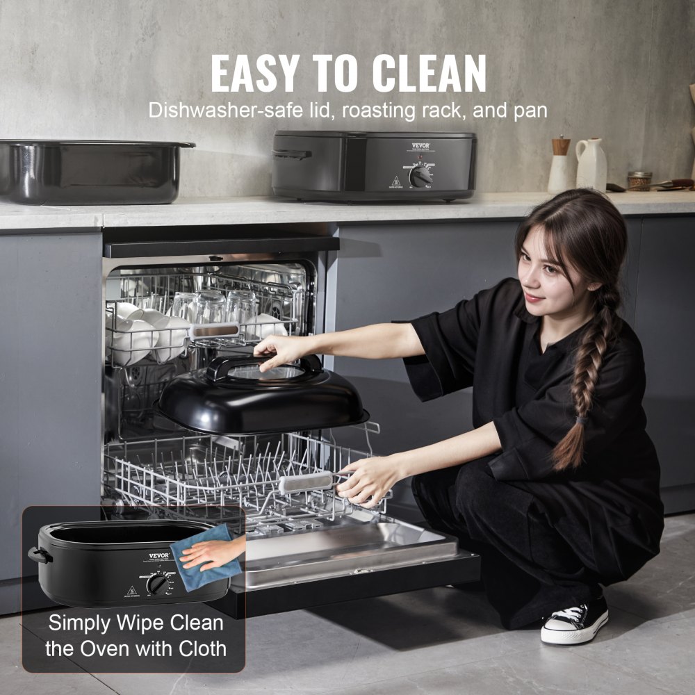 Horno tostador eléctrico VEVOR en una cocina, que muestra una fácil limpieza con lavavajillas y un paño.