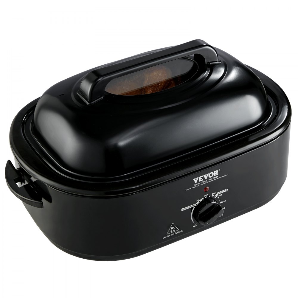Horno tostador eléctrico VEVOR negro con perilla de control y ventana transparente en la tapa.