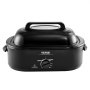 Horno tostador eléctrico VEVOR, exterior negro con perilla de control de temperatura en la parte frontal.