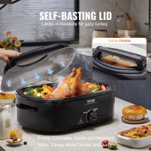 VEVOR Horno asador eléctrico, horno asador de pavo de 20 cuartos con tapa autobastante, horno asador de 1450 W con función de descongelación y calentamiento, temperatura ajustable, bandeja y rejilla extraíbles, se adapta a pavos de hasta 24 libras