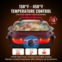 VEVOR Horno asador eléctrico, horno asador de pavo de 20 cuartos con tapa autobastante, horno asador de 1450 W con función de descongelación y calentamiento, temperatura ajustable, bandeja y rejilla extraíbles, se adapta a pavos de hasta 24 libras