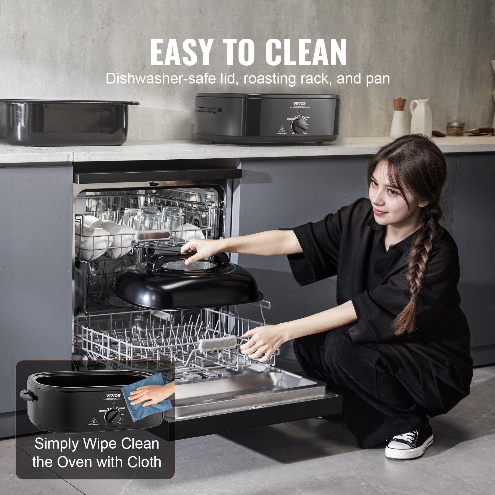 Horno tostador eléctrico VEVOR en una cocina, que muestra una fácil limpieza con lavavajillas y un paño.