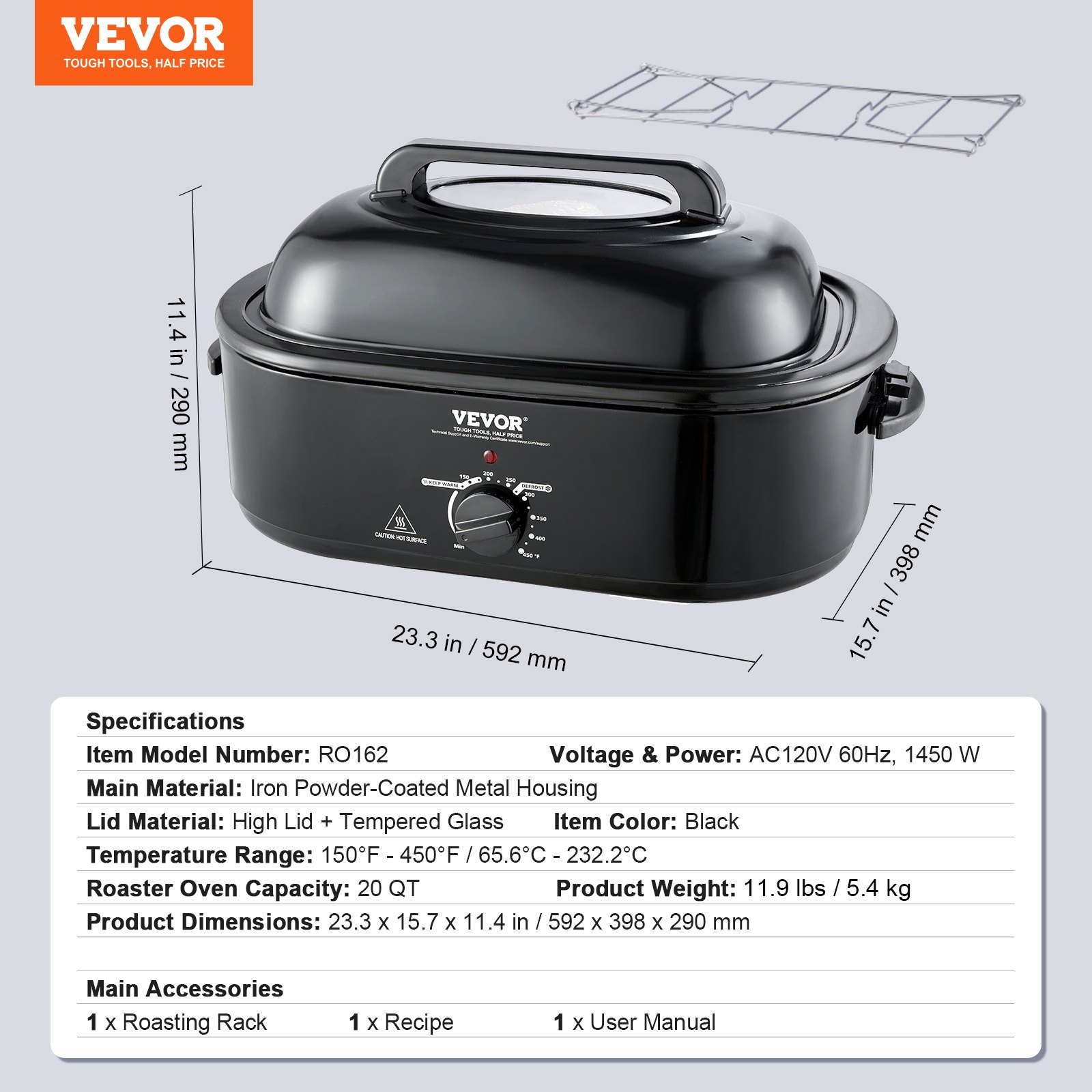 Horno tostador eléctrico VEVOR, negro, con revestimiento de polvo de hierro, tapa alta, capacidad de 20 qt, 23,3 x 15,7 x 11,4 pulgadas.