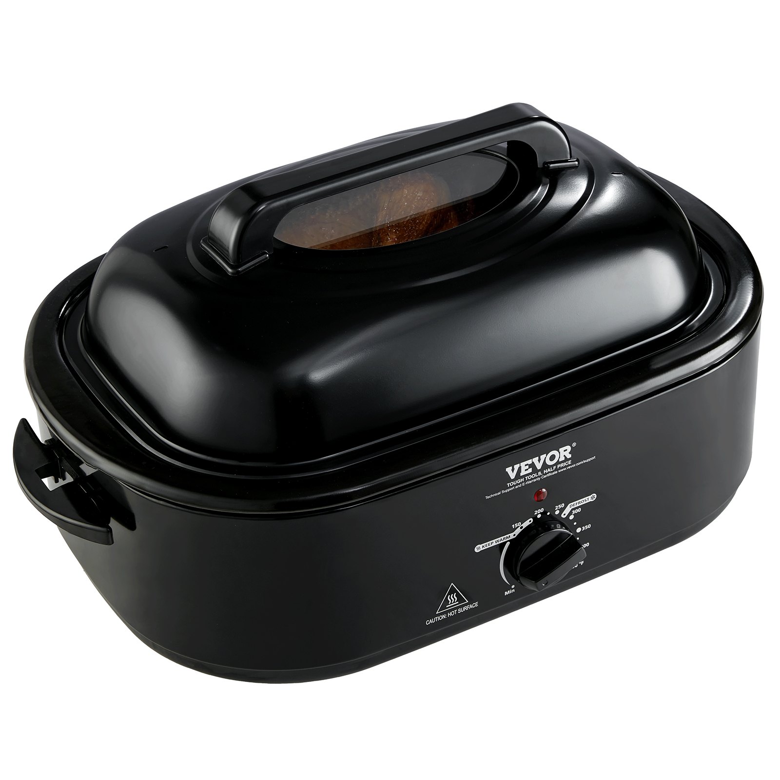 Horno tostador eléctrico VEVOR negro con perilla de control y ventana transparente en la tapa.