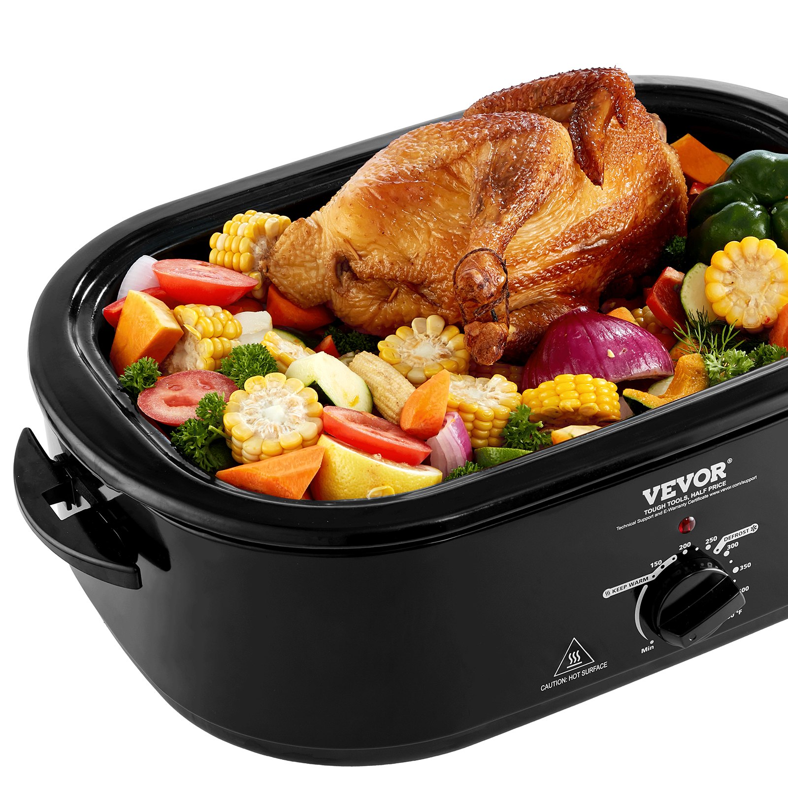 Horno asador eléctrico VEVOR con pollo cocido, verduras variadas y controles de temperatura.
