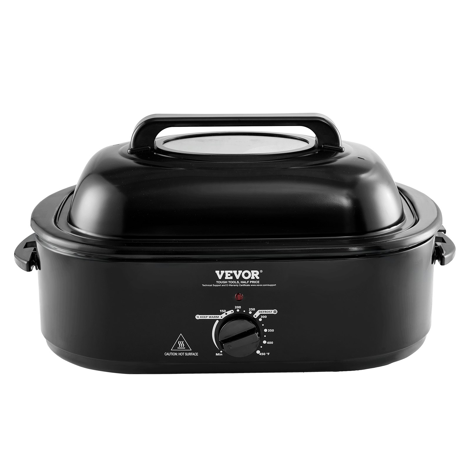 Horno tostador eléctrico VEVOR, exterior negro con perilla de control de temperatura en la parte frontal.