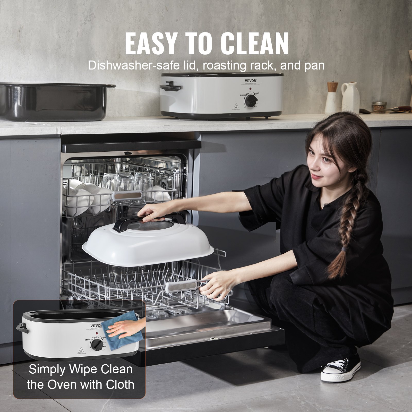 Horno asador eléctrico VEVOR, 22 cuartos de galón (20.8 litros), para pavos, con tapa autohumectante, 1450 W, con función de descongelar y mantener caliente, temperatura ajustable, bandeja y rejilla extraíbles, apto para pavos de hasta 11.8 kg, blanco