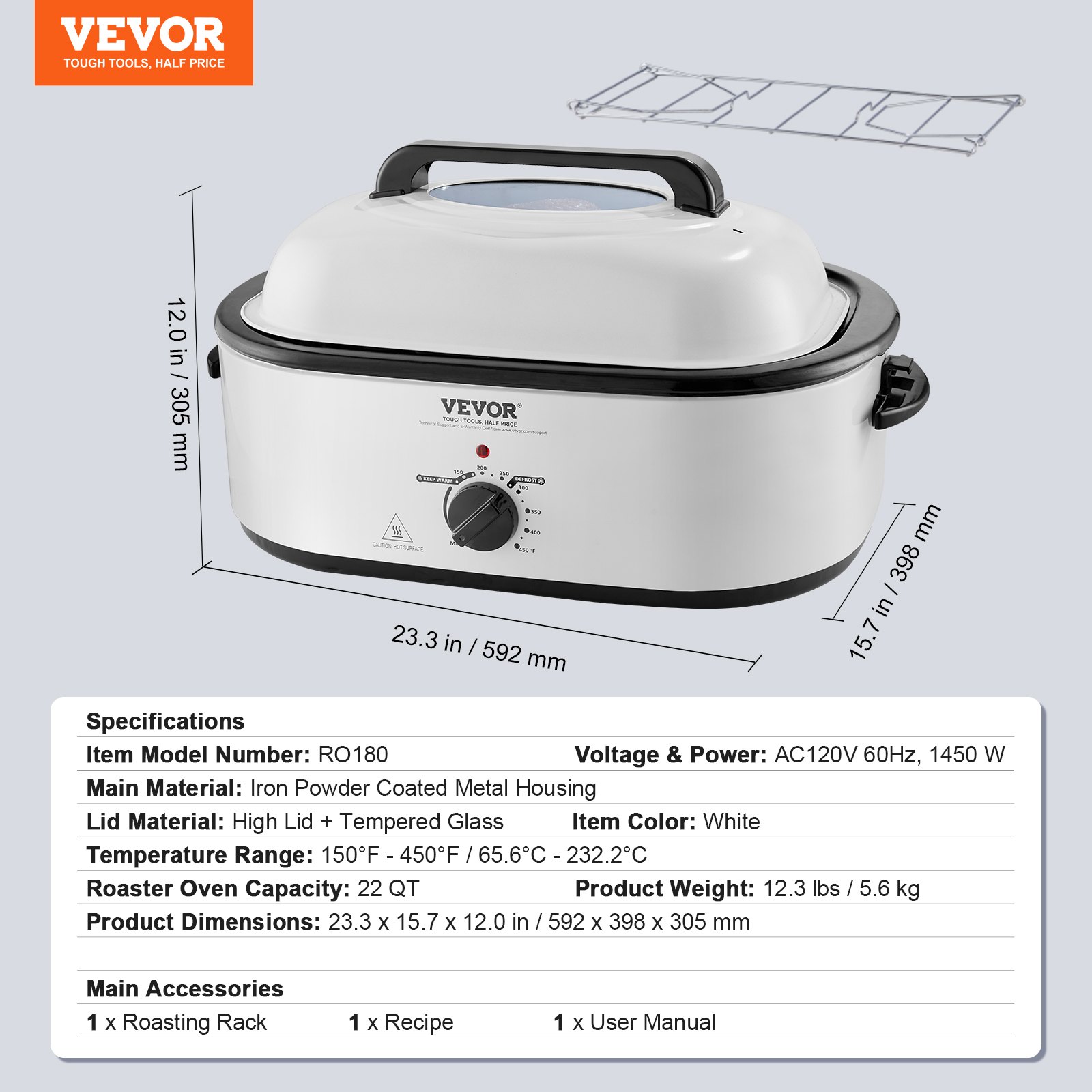 Horno asador eléctrico VEVOR, 22 cuartos de galón (20.8 litros), para pavos, con tapa autohumectante, 1450 W, con función de descongelar y mantener caliente, temperatura ajustable, bandeja y rejilla extraíbles, apto para pavos de hasta 11.8 kg, blanco