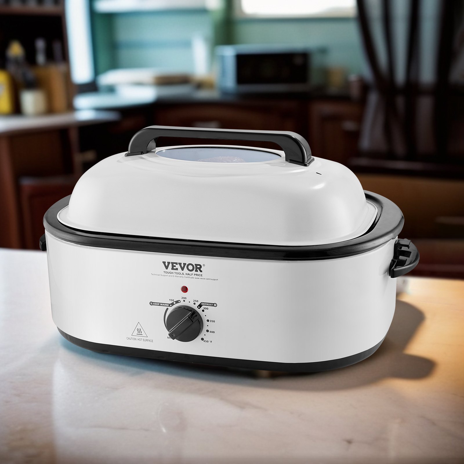 Horno asador eléctrico VEVOR, 22 cuartos de galón (20.8 litros), para pavos, con tapa autohumectante, 1450 W, con función de descongelar y mantener caliente, temperatura ajustable, bandeja y rejilla extraíbles, apto para pavos de hasta 11.8 kg, blanco