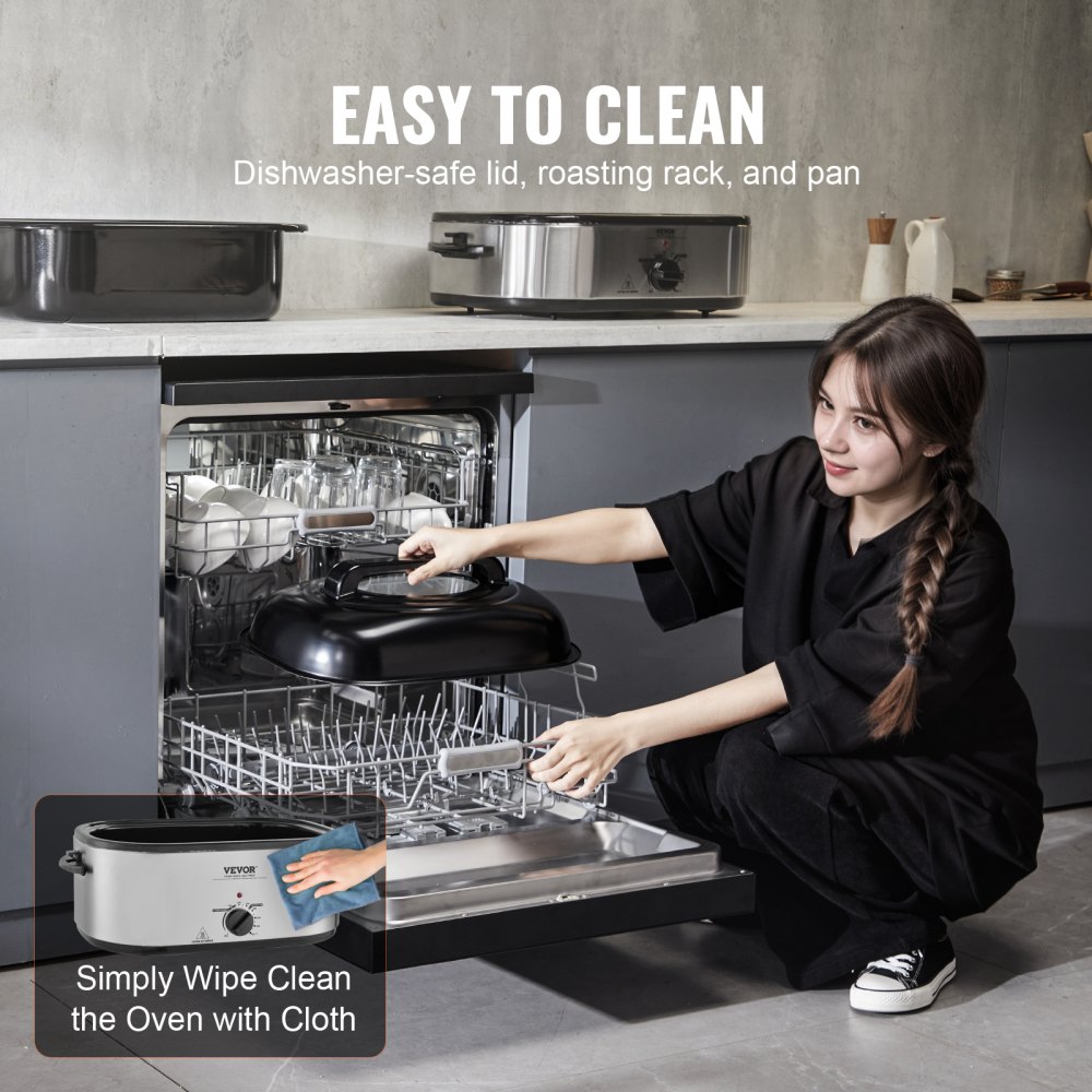 Horno asador eléctrico VEVOR de 26 cuartos de galón con tapa autoadhesiva, 1450 W, descongelación y calentamiento, temperatura ajustable, bandeja y rejilla extraíbles, apto para pavos de hasta 13,6 kg.