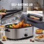 Horno asador eléctrico VEVOR con tapa autobronceadora, pavo asado y verduras en una cocina casera.