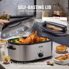 VEVOR Horno asador eléctrico, horno asador de pavo de 26 cuartos con tapa auto-bastante, horno asador de 1450 W con función de descongelación y calentamiento, temperatura ajustable, bandeja y rejilla extraíbles, se adapta a pavos de hasta 30 libras