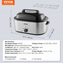 VEVOR Horno asador eléctrico, horno asador de pavo de 26 cuartos con tapa auto-bastante, horno asador de 1450 W con función de descongelación y calentamiento, temperatura ajustable, bandeja y rejilla extraíbles, se adapta a pavos de hasta 30 libras