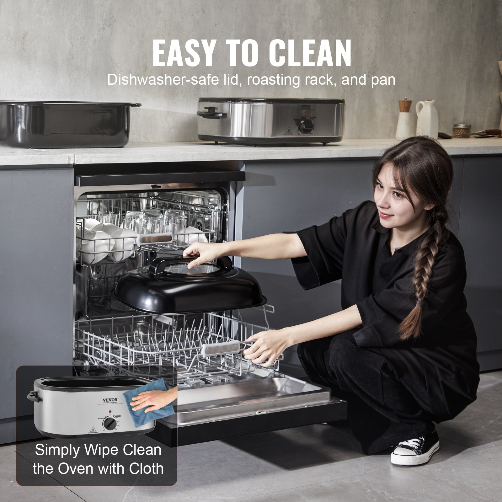 Horno asador eléctrico VEVOR de 26 cuartos de galón con tapa autoadhesiva, 1450 W, descongelación y calentamiento, temperatura ajustable, bandeja y rejilla extraíbles, apto para pavos de hasta 13,6 kg.