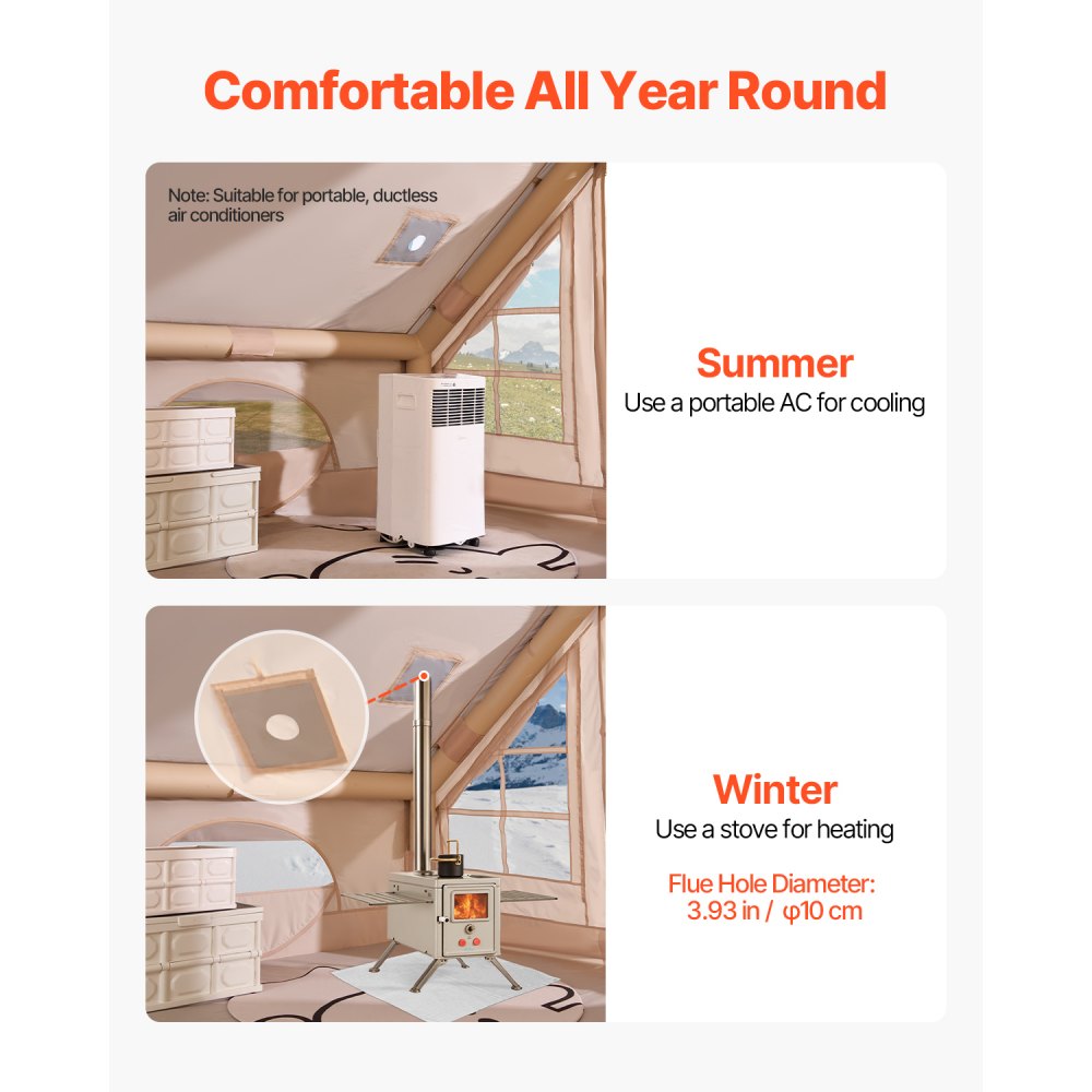 Tiendas inflables VEVOR para acampar, tienda inflable de fácil instalación para 3-5 personas con bomba manual, tienda glamping Oxford 300D para 4 estaciones con estufa, 2 puertas y 2 ventanas de malla, bolsa de almacenamiento incluida para transportarla fácilmente.