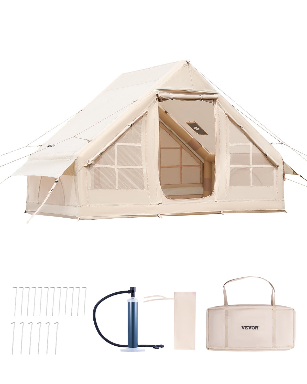 Tiendas inflables VEVOR para acampar, tienda inflable de fácil instalación para 3-5 personas con bomba manual, tienda glamping Oxford 300D para 4 estaciones con estufa, 2 puertas y 2 ventanas de malla, bolsa de almacenamiento incluida para transportarla fácilmente.