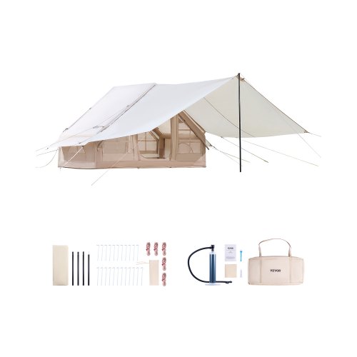 Tiendas inflables VEVOR para acampar, de 3 a 5 personas, fáciles de instalar, con bomba manual, tienda glamping Oxford 300D para 4 estaciones con toldo, horno, 2 puertas y 2 ventanas de malla (bolsa de almacenamiento incluida).