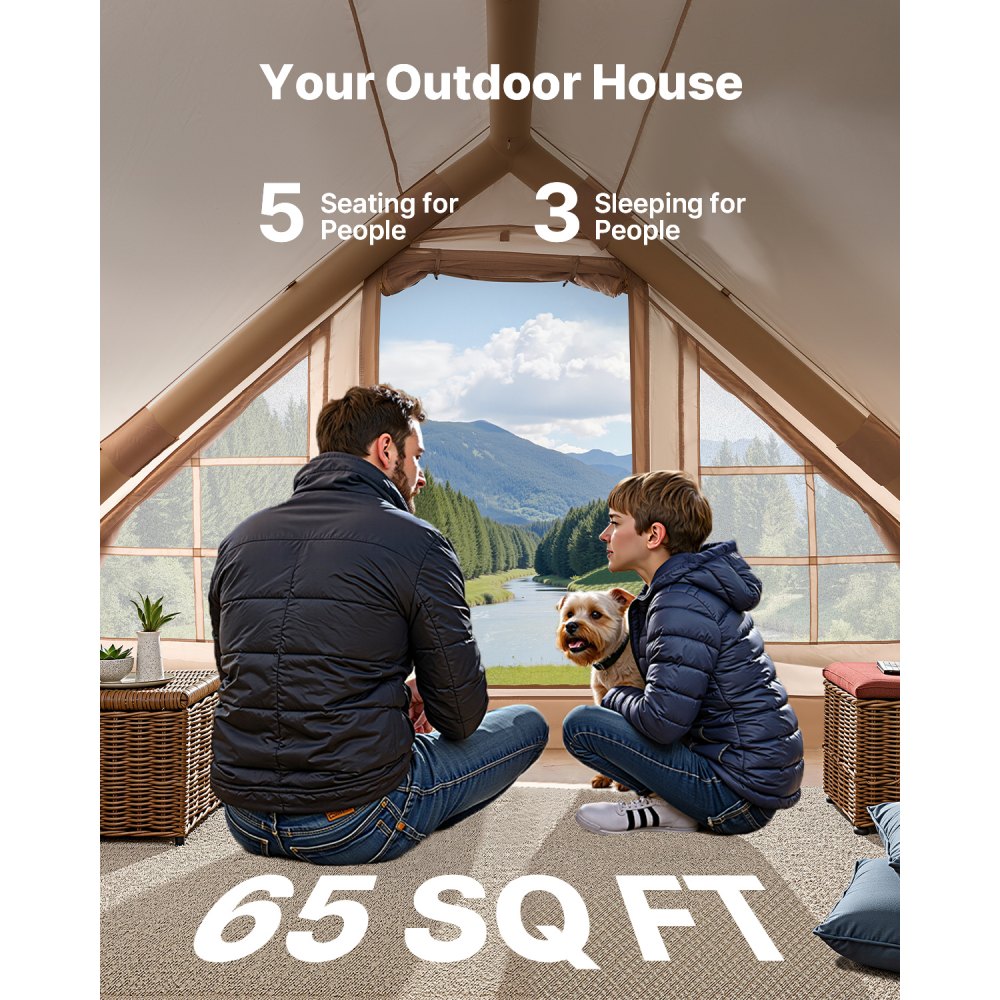 Tiendas inflables VEVOR para acampar, de 3 a 5 personas, fáciles de instalar, con bomba manual, tienda glamping Oxford 300D para 4 estaciones con toldo, horno, 2 puertas y 2 ventanas de malla (bolsa de almacenamiento incluida).