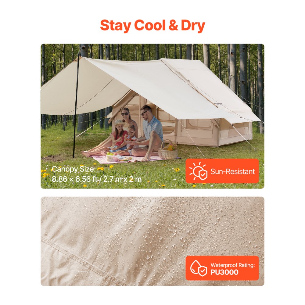 VEVOR Inflatable Tents for Camping, 3-5 Person Easy Setup Blow up Tent with Hand Pump, 300D Oxford 4 Season Glamping Tent with Canopy, Stove Jack, 2 Doors & 2 Mesh Windows (Storage Bag Included)