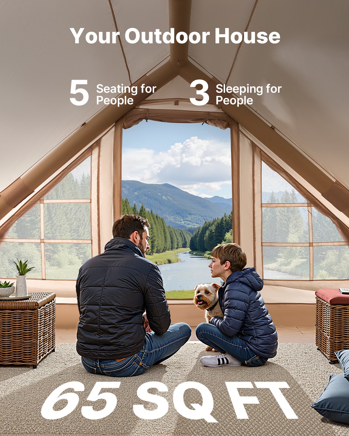 Tiendas inflables VEVOR para acampar, de 3 a 5 personas, fáciles de instalar, con bomba manual, tienda glamping Oxford 300D para 4 estaciones con toldo, horno, 2 puertas y 2 ventanas de malla (bolsa de almacenamiento incluida).