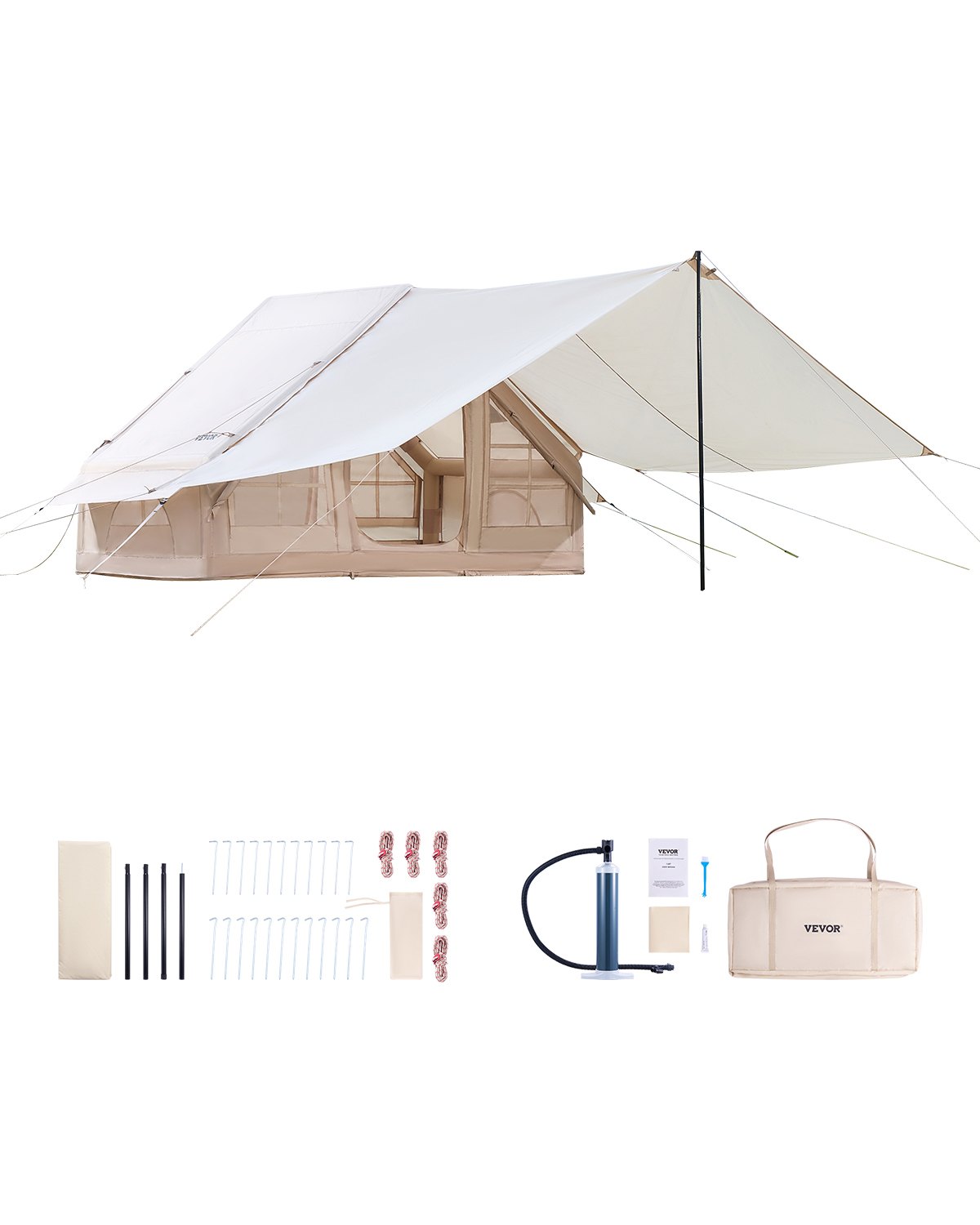 Tiendas inflables VEVOR para acampar, de 3 a 5 personas, fáciles de instalar, con bomba manual, tienda glamping Oxford 300D para 4 estaciones con toldo, horno, 2 puertas y 2 ventanas de malla (bolsa de almacenamiento incluida).