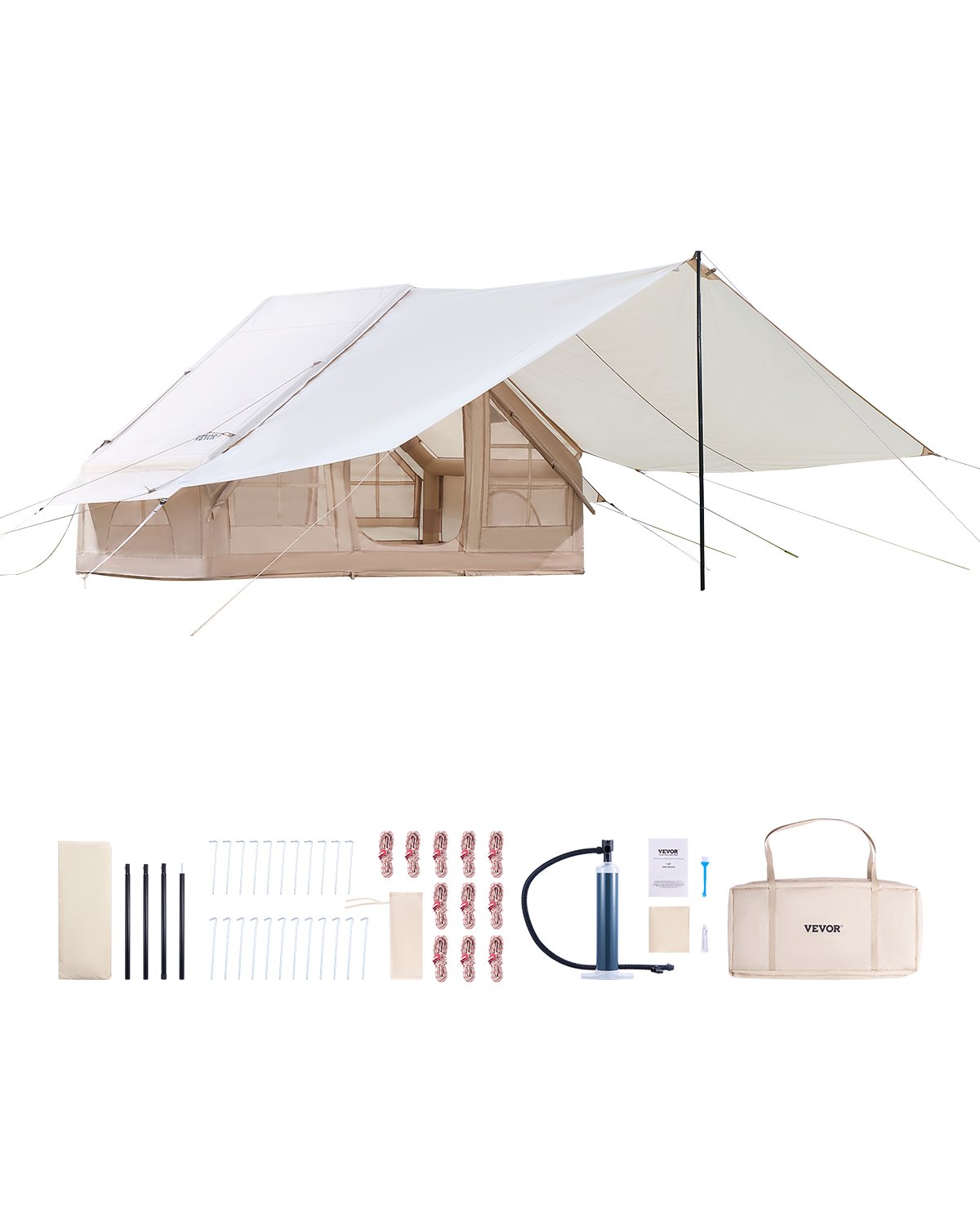 Tiendas inflables VEVOR para acampar, de 3 a 5 personas, fáciles de instalar, con bomba manual, tienda glamping Oxford 300D para 4 estaciones con toldo, horno, 2 puertas y 2 ventanas de malla (bolsa de almacenamiento incluida).