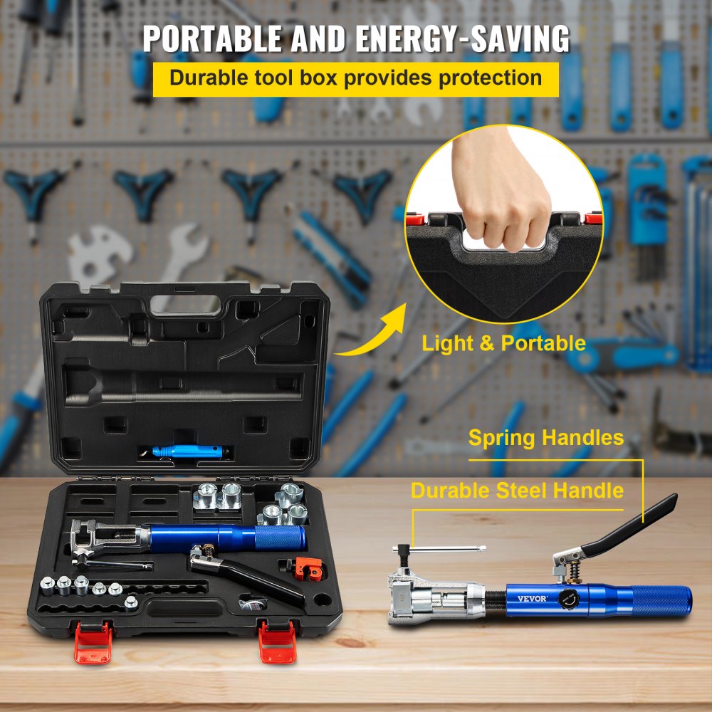 Kit de herramientas de abocardado hidráulico VEVOR, herramienta de abocardado doble de 45°, herramientas de abocinado de frenos para reparación de frenos para 1/4" -3/8", herramienta de abocardado de frenos con cortador de tubos y desbarbador, herramientas de abocardado de tubos para líneas de cobre