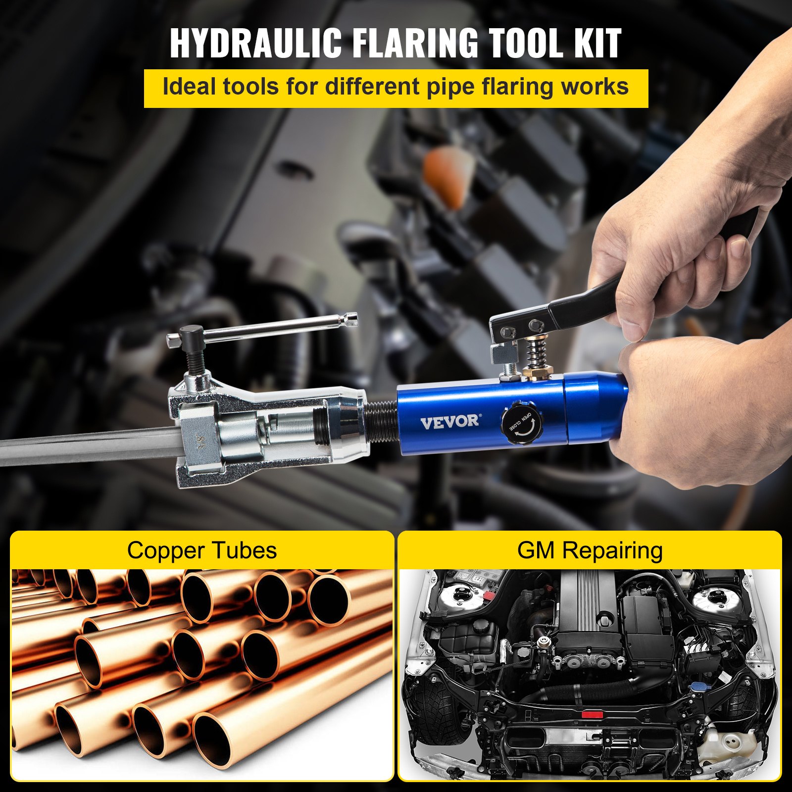 Kit de herramientas de abocardado hidráulico VEVOR, herramienta de abocardado doble de 45°, herramientas de abocinado de frenos para reparación de frenos para 1/4" -3/8", herramienta de abocardado de frenos con cortador de tubos y desbarbador, herramientas de abocardado de tubos para líneas de cobre