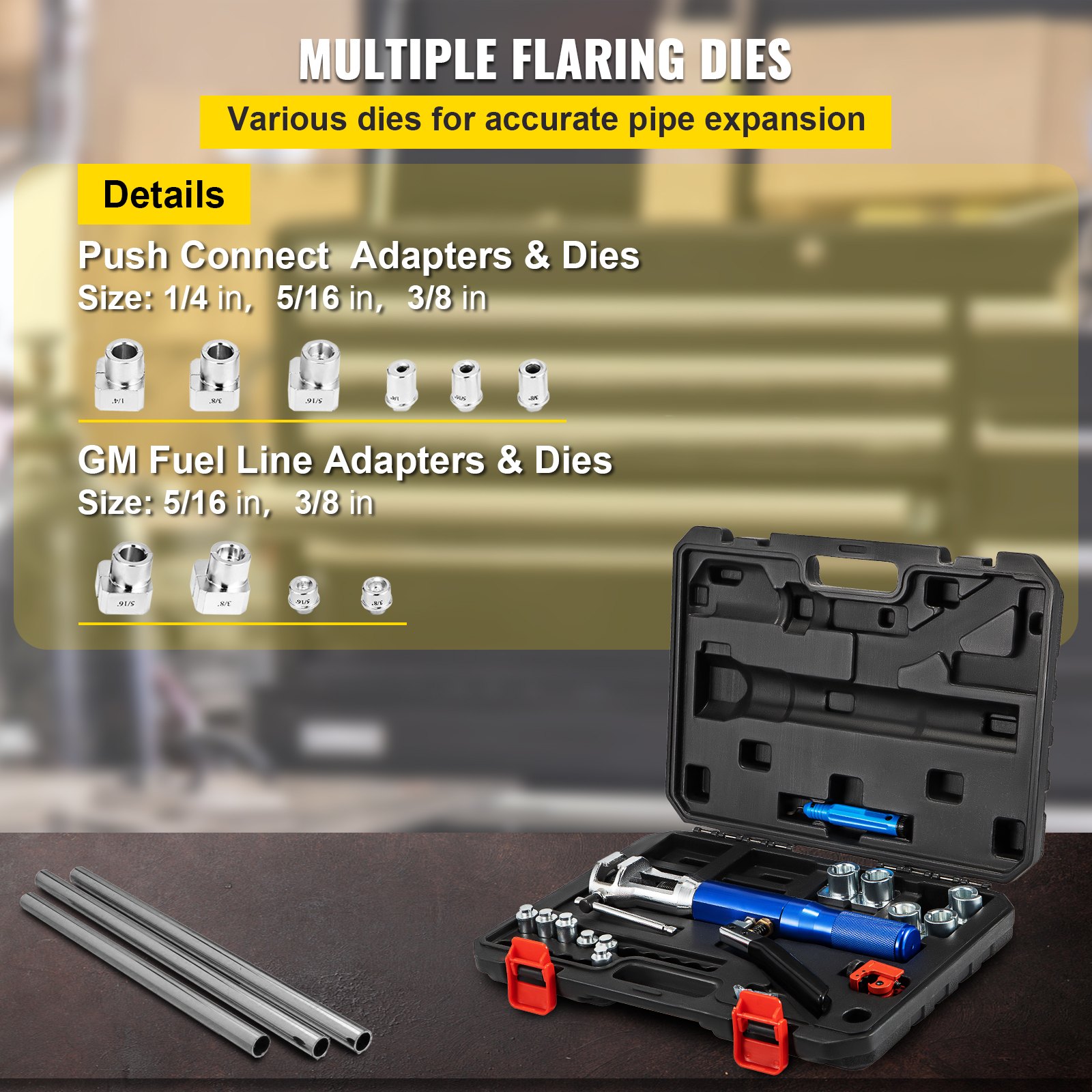 Kit de herramientas de abocardado hidráulico VEVOR, herramienta de abocardado doble de 45°, herramientas de abocinado de frenos para reparación de frenos para 1/4" -3/8", herramienta de abocardado de frenos con cortador de tubos y desbarbador, herramientas de abocardado de tubos para líneas de cobre