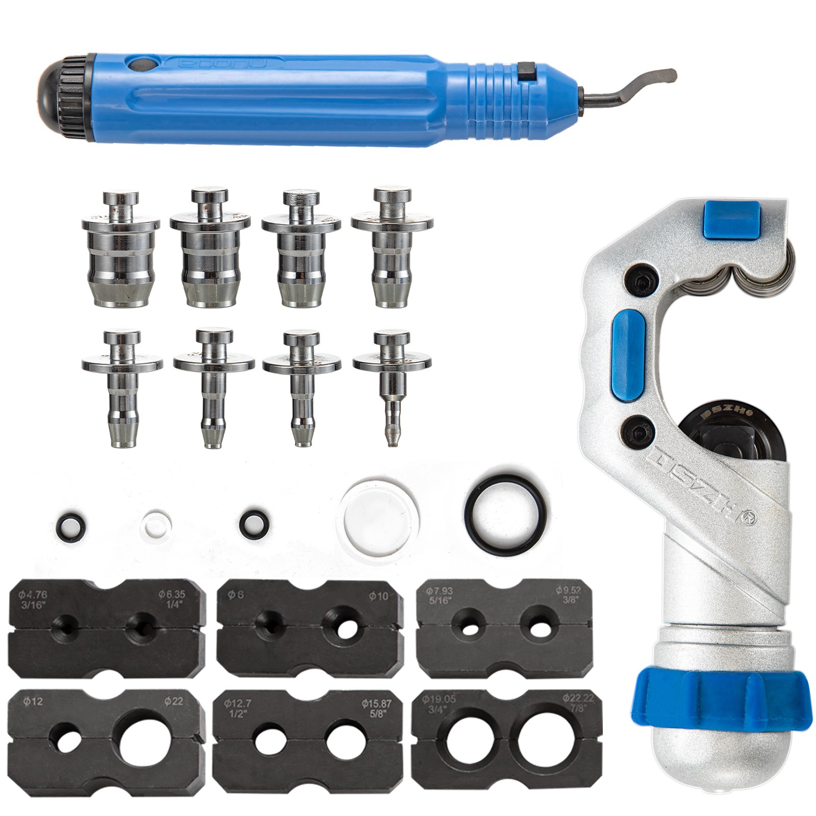 Kit de herramientas de abocardado hidráulico VEVOR con cortador de tubos Kit de herramientas de abocardado Desbarbador Línea de combustible 8PCS Kit de herramientas de abocardado de adaptador de cambio para 3/16 a 7/8 pulgadas