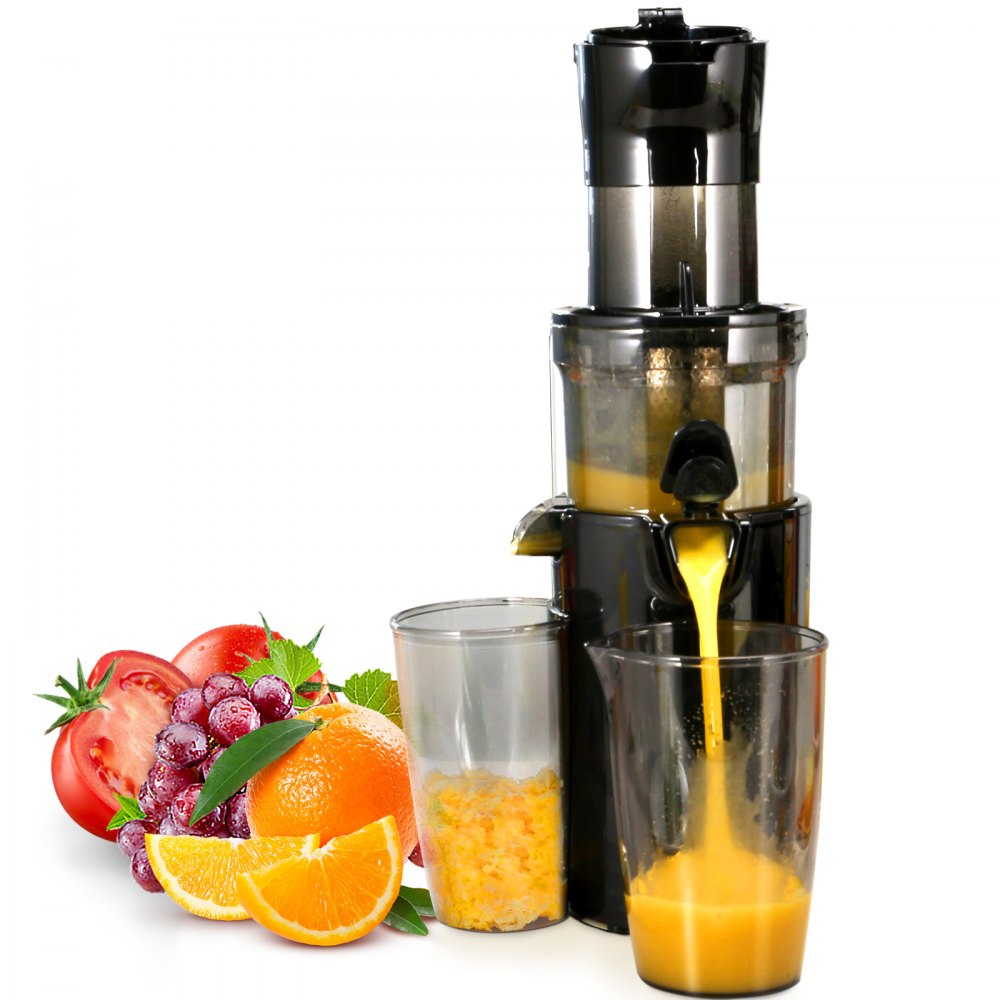 Exprimidor masticador VEVOR que extrae jugo de naranja fresco con frutas y recipiente para pulpa.