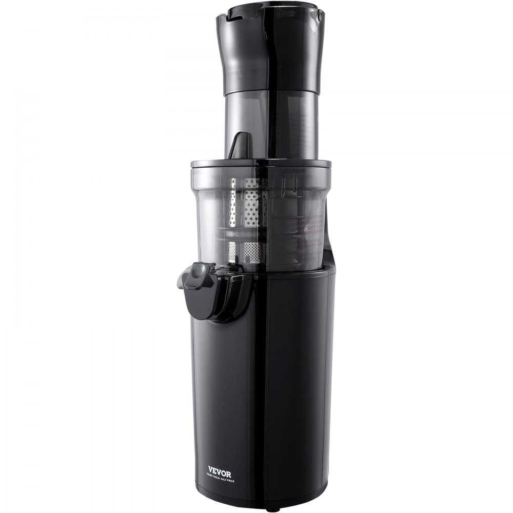 Exprimidor masticador VEVOR en color negro con un diseño elegante y un recipiente de jugo transparente con colador.