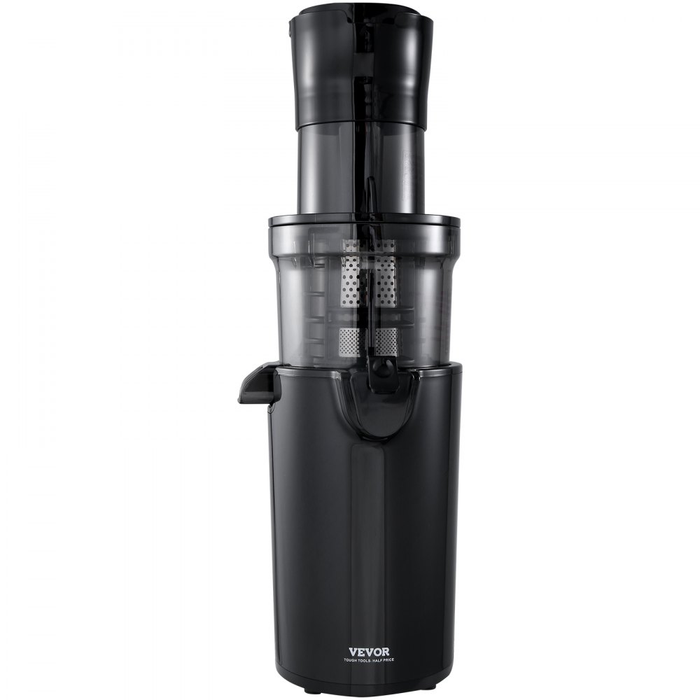Exprimidor masticador VEVOR, diseño vertical negro, recipiente para jugo transparente, elegante y moderno.