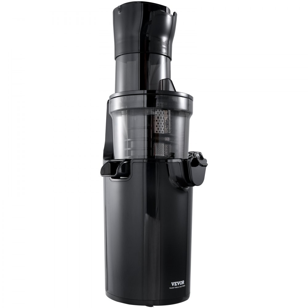 Elegante exprimidor masticador VEVOR en color negro con recipiente para jugo transparente y filtro de pulpa metálico.