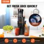 Exprimidor masticador VEVOR en una cocina con jugo fresco, frutas y una función de potencia de 200w.