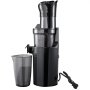 Exprimidor masticador VEVOR negro con recipiente para jugo transparente y cable de alimentación.