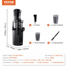 VEVOR Exprimidor masticador, máquina exprimidora de prensa en frío, exprimidor lento con conducto de alimentación grande de 2,6 pulgadas, extractor de jugo con alto rendimiento de jugo, fácil de limpiar con cepillo, para frutas y verduras con alto contenido de nutrientes