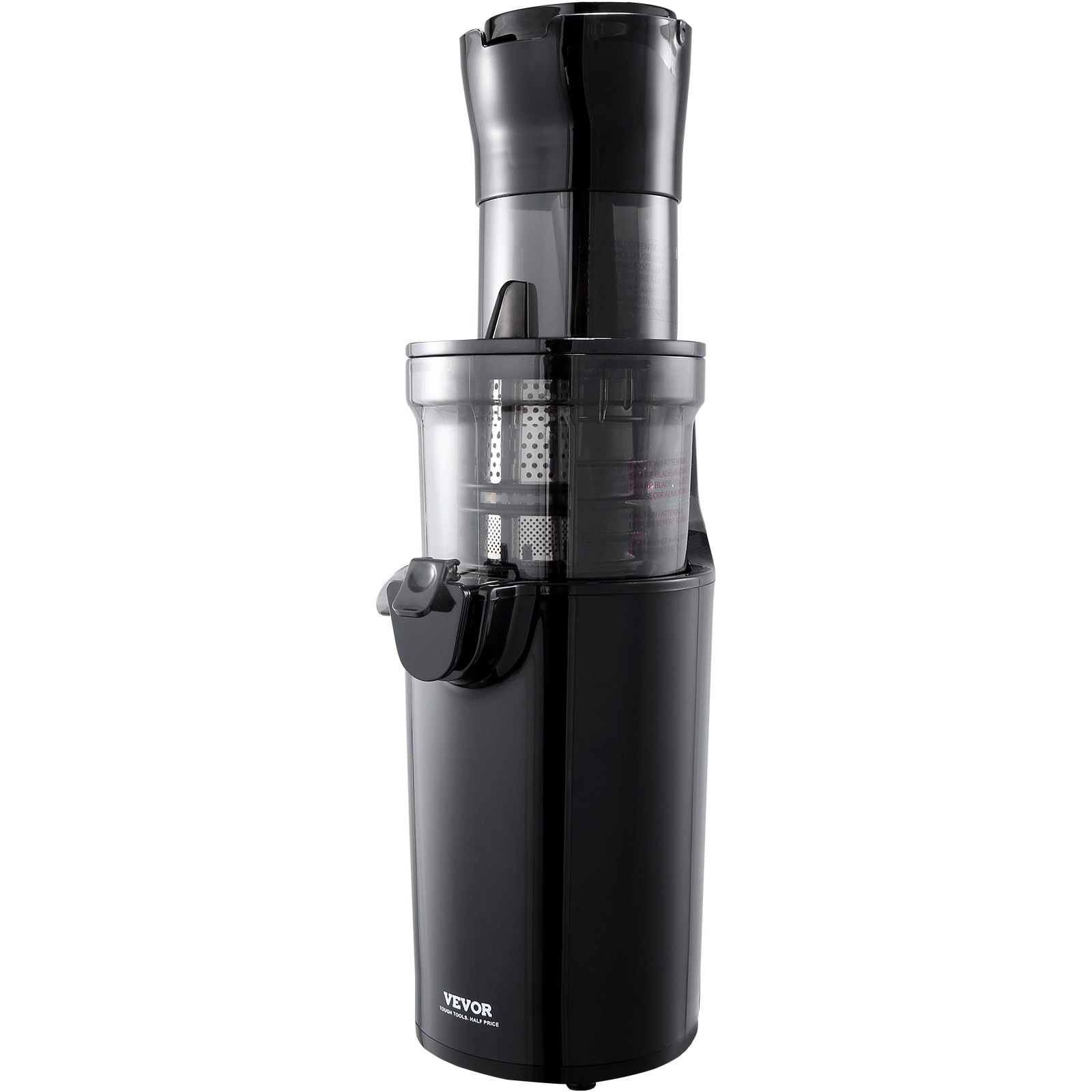 Exprimidor masticador VEVOR en color negro con un diseño elegante y un recipiente de jugo transparente con colador.