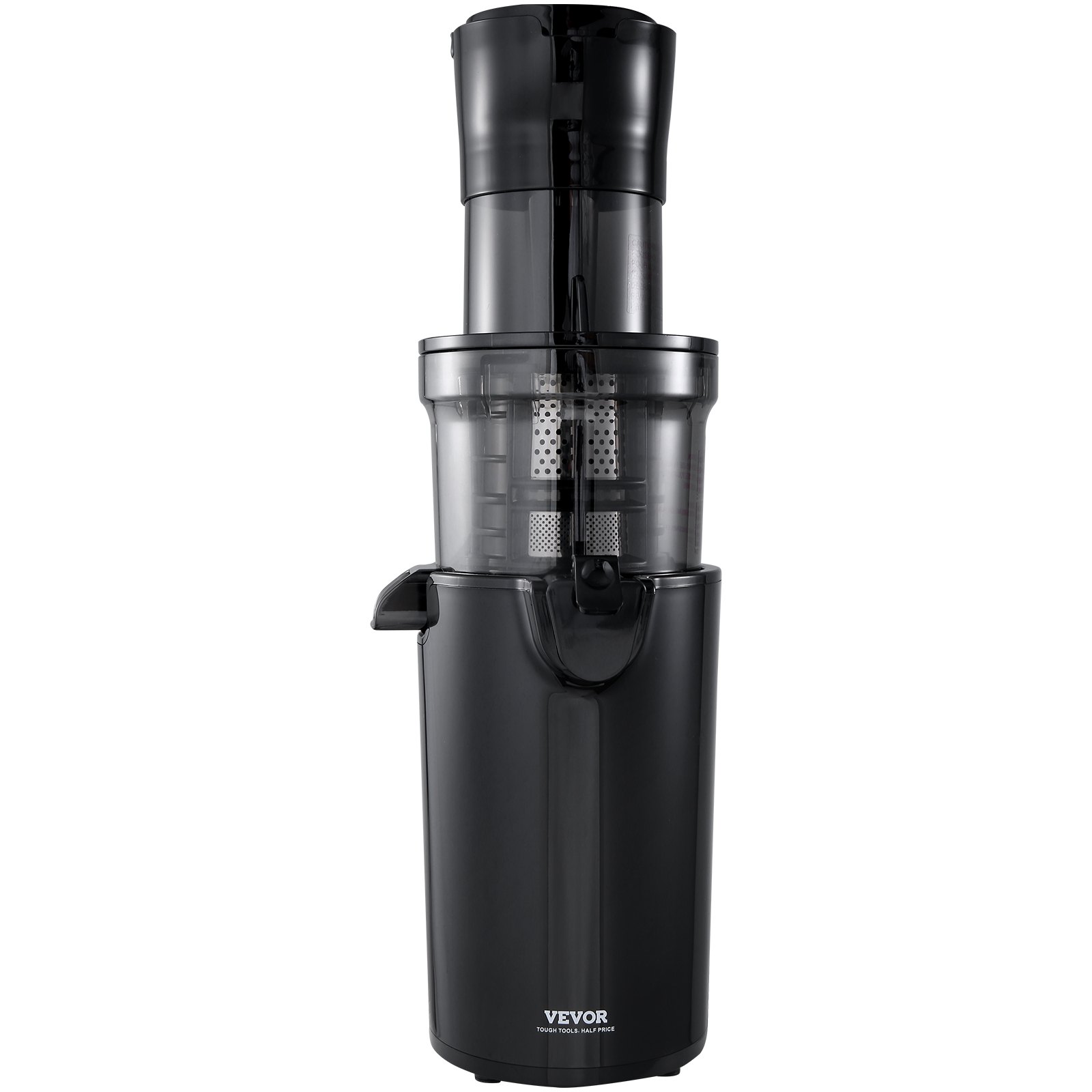 Exprimidor masticador VEVOR, diseño vertical negro, recipiente para jugo transparente, elegante y moderno.