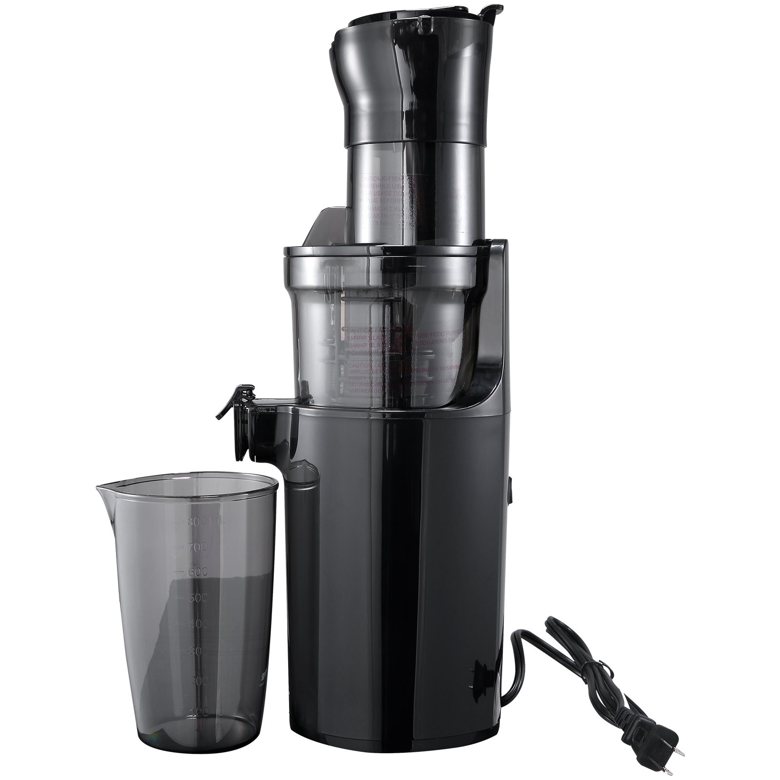Exprimidor masticador VEVOR negro con recipiente para jugo transparente y cable de alimentación.