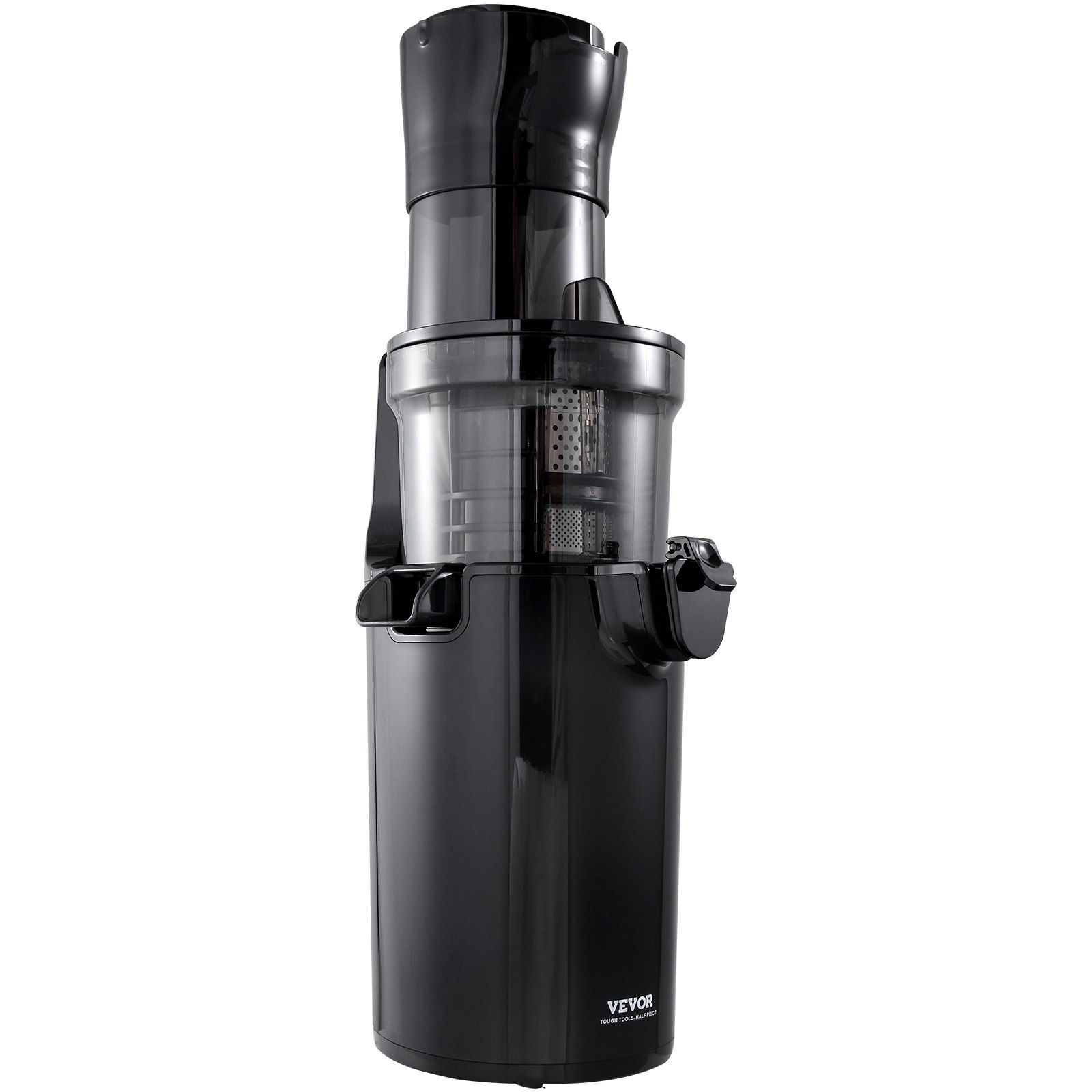 Elegante exprimidor masticador VEVOR en color negro con recipiente para jugo transparente y filtro de pulpa metálico.